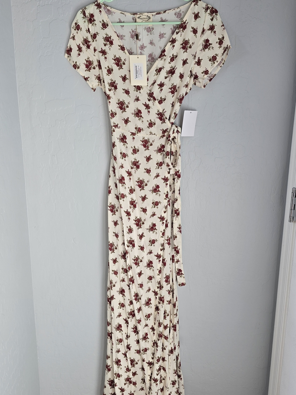 Joyfolie Cream Wrap Maxi Dress with Burgundy Floral Print